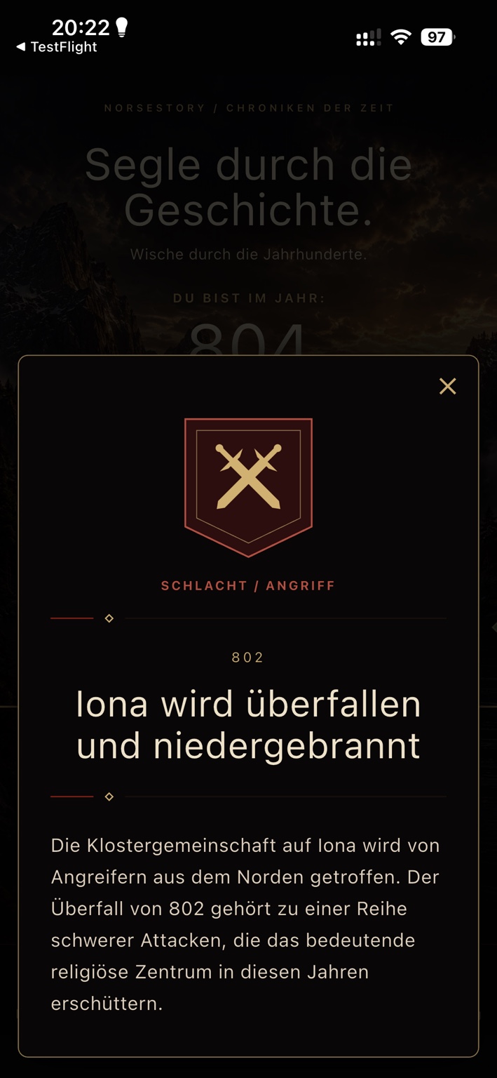 Geöffnete historische Ereignisbeschreibung innerhalb der Zeitlinie